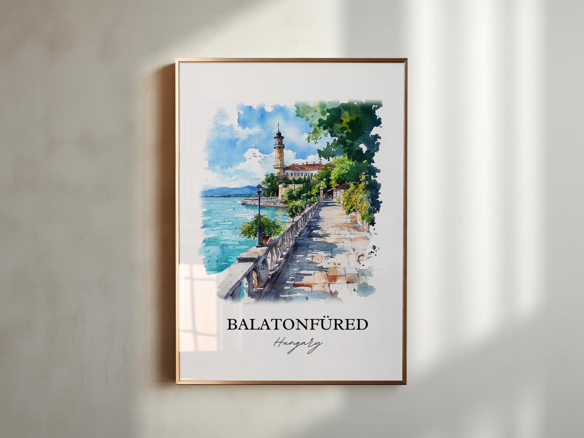 Balatonfured Hungary Watercolor Lake Promenade Balaton Shore Poster - Image 4