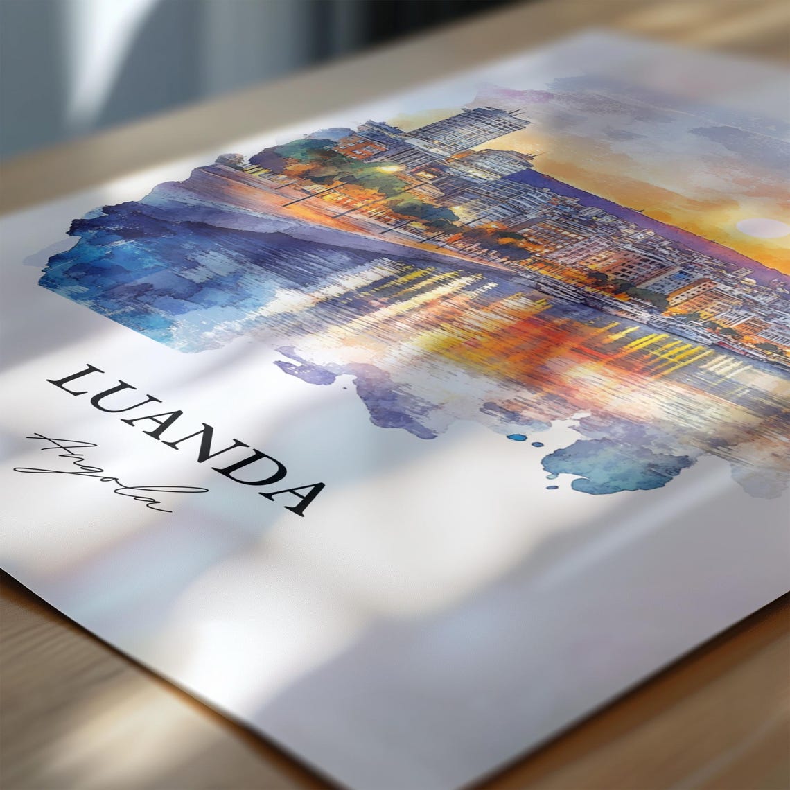 Luanda Angola Sunset Harbor Skyline Watercolor Travel Poster - Image 6