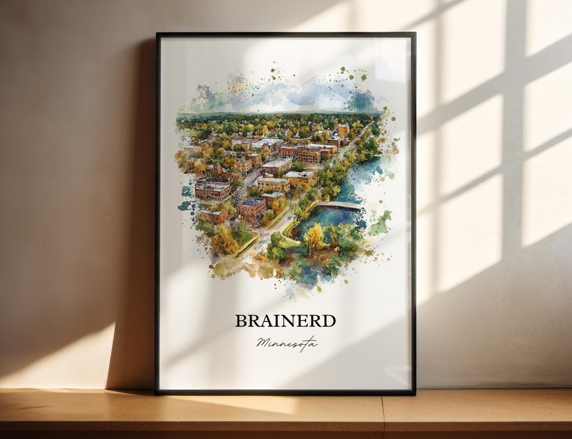 Brainerd Minnesota Downtown Lake Aerial Watercolor Art Poster