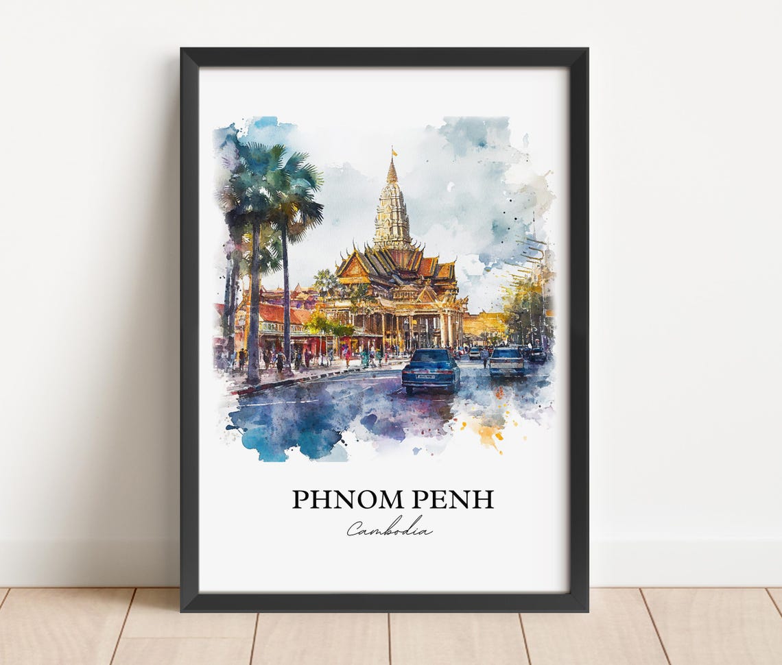 Phnom Penh Cambodia Watercolor Golden Temple Street Scene Poster - Image 2