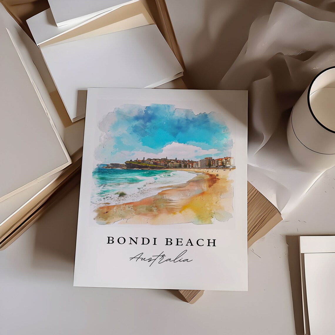 Bondi Beach Australia Ocean Waves Watercolor Travel Art Print - Image 6