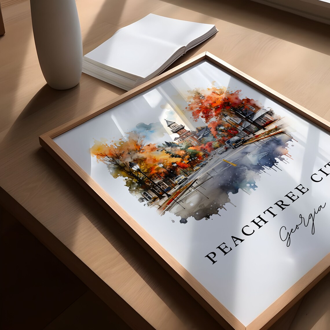 Peachtree City Georgia Watercolor Autumn Street Clock Tower Poster - Image 5
