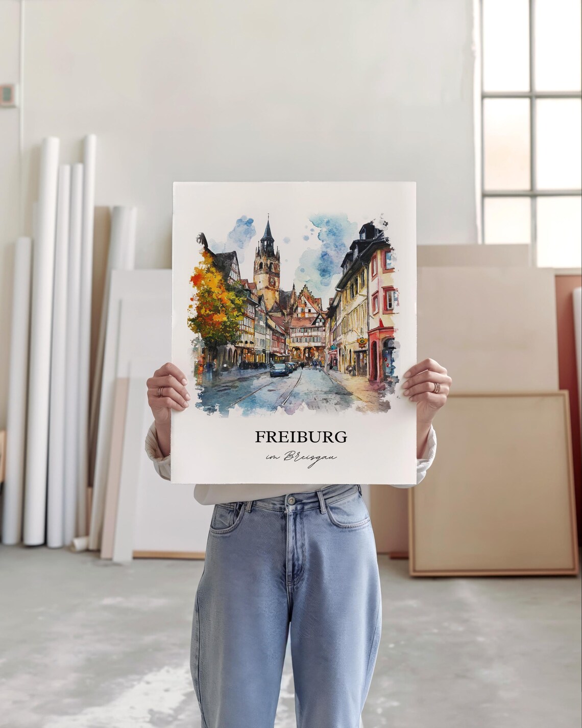 Freiburg im Breisgau Old Town Street Watercolor Travel Poster - Image 5