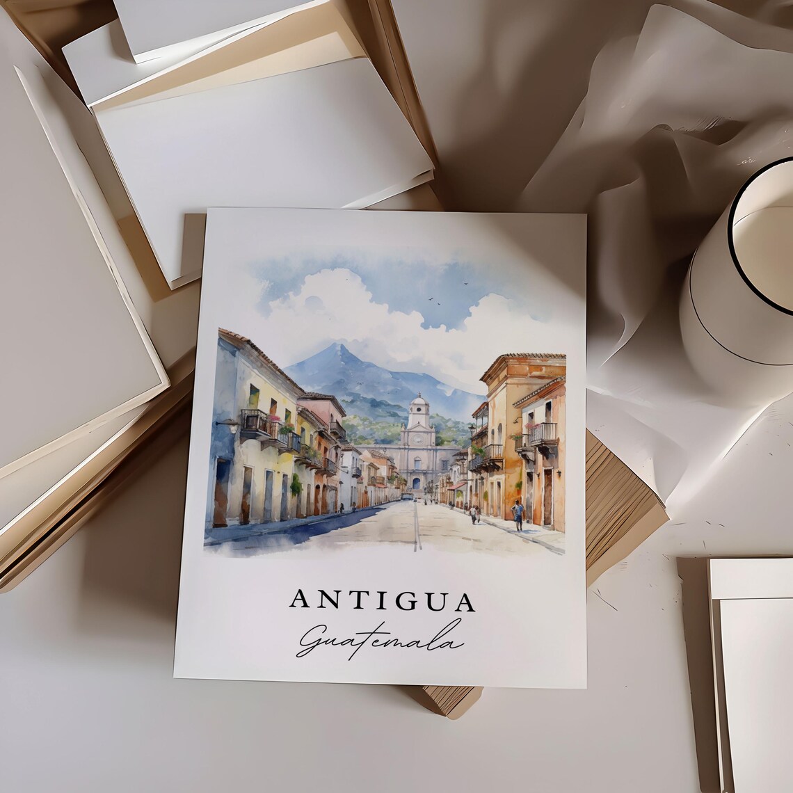 Antigua Guatemala Watercolor Colonial Street Volcano View Poster - Image 6