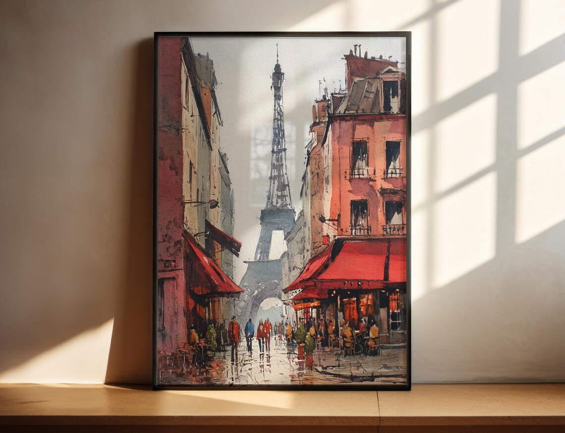 Eiffel Tower Paris Street Cafe Watercolor Romantic City Poster