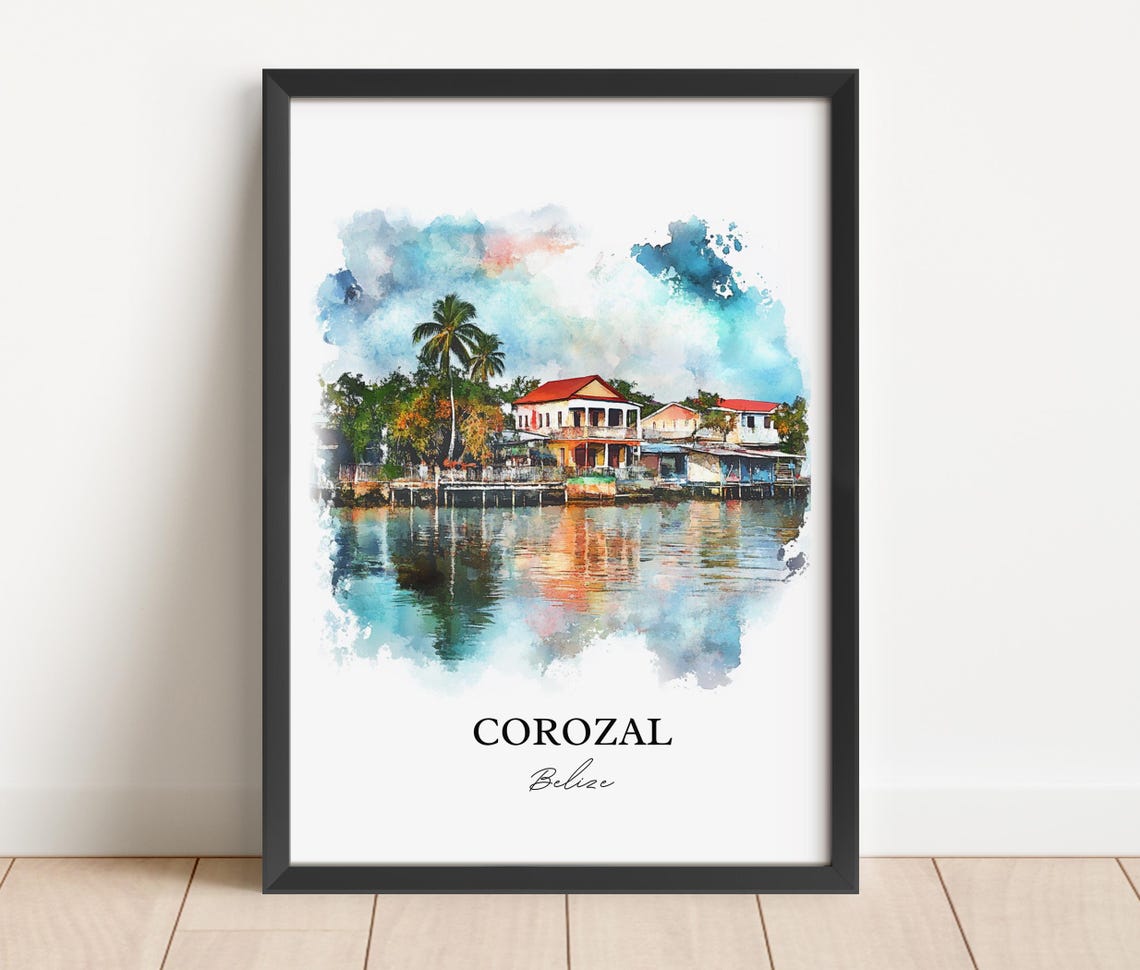 Corozal Belize Watercolor Waterfront Houses Lagoon Scene Poster - Image 3