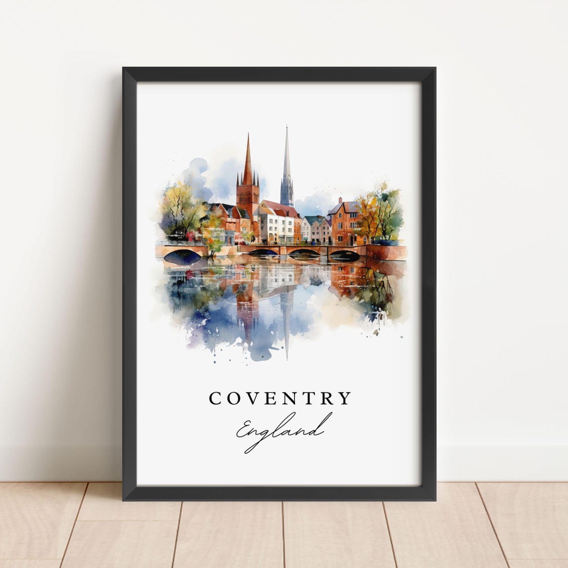 Coventry England Watercolor Twin Spires River Reflection Poster