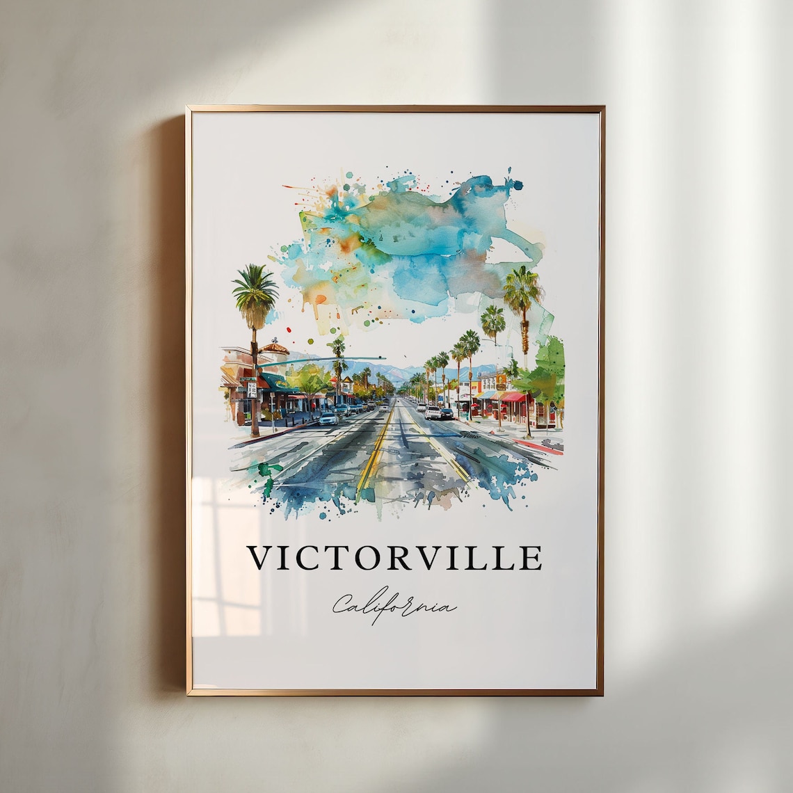 Victorville California Watercolor Main Street Palm Trees Poster