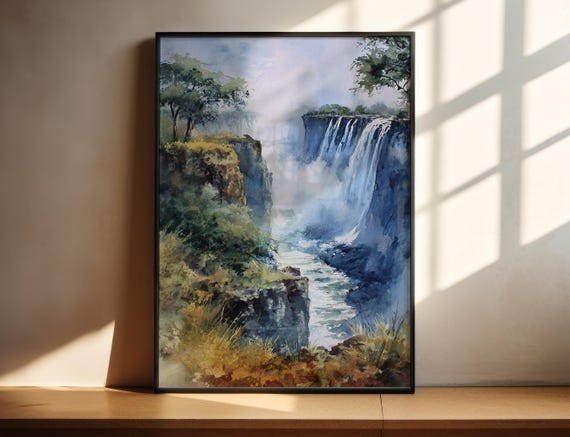 Victoria Falls Watercolor Art Travel Print Zambia Artwork Zimbabwe Decor Wall