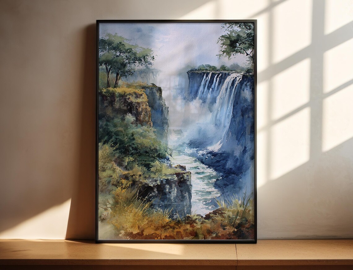 Victoria Falls Zambia Misty Waterfall Gorge Watercolor Travel Poster