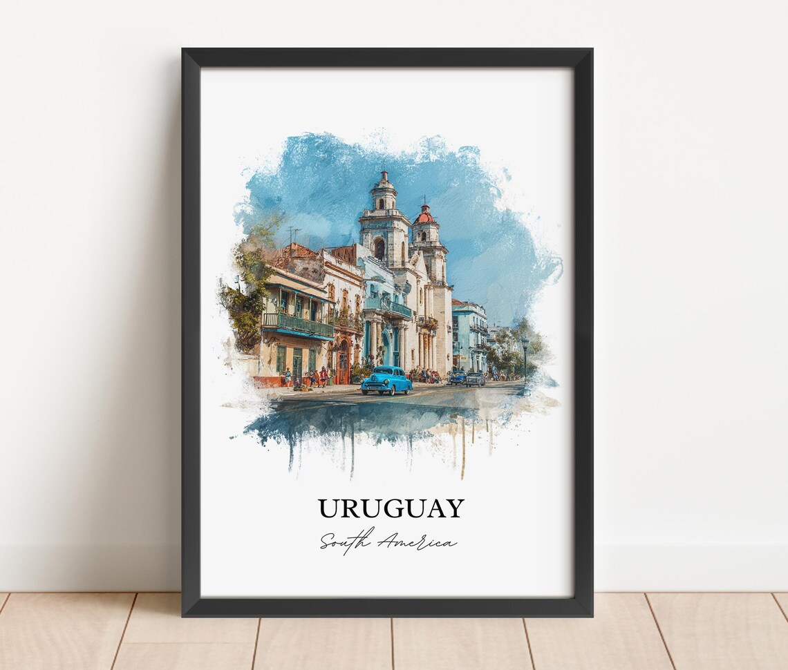 Uruguay South America Colonial Street Classic Cars Watercolor Poster - Image 2