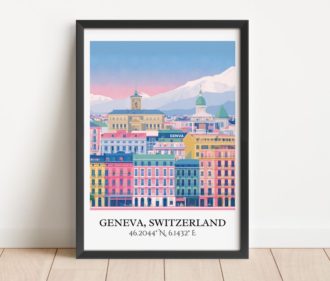 Geneva Switzerland Pastel Old Town Alpine View Travel Poster - Image 3