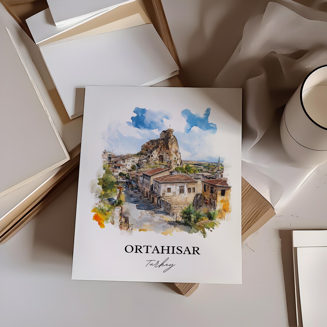 Ortahisar Turkey Watercolor Rock Castle Town Cappadocia Style Poster - Image 3