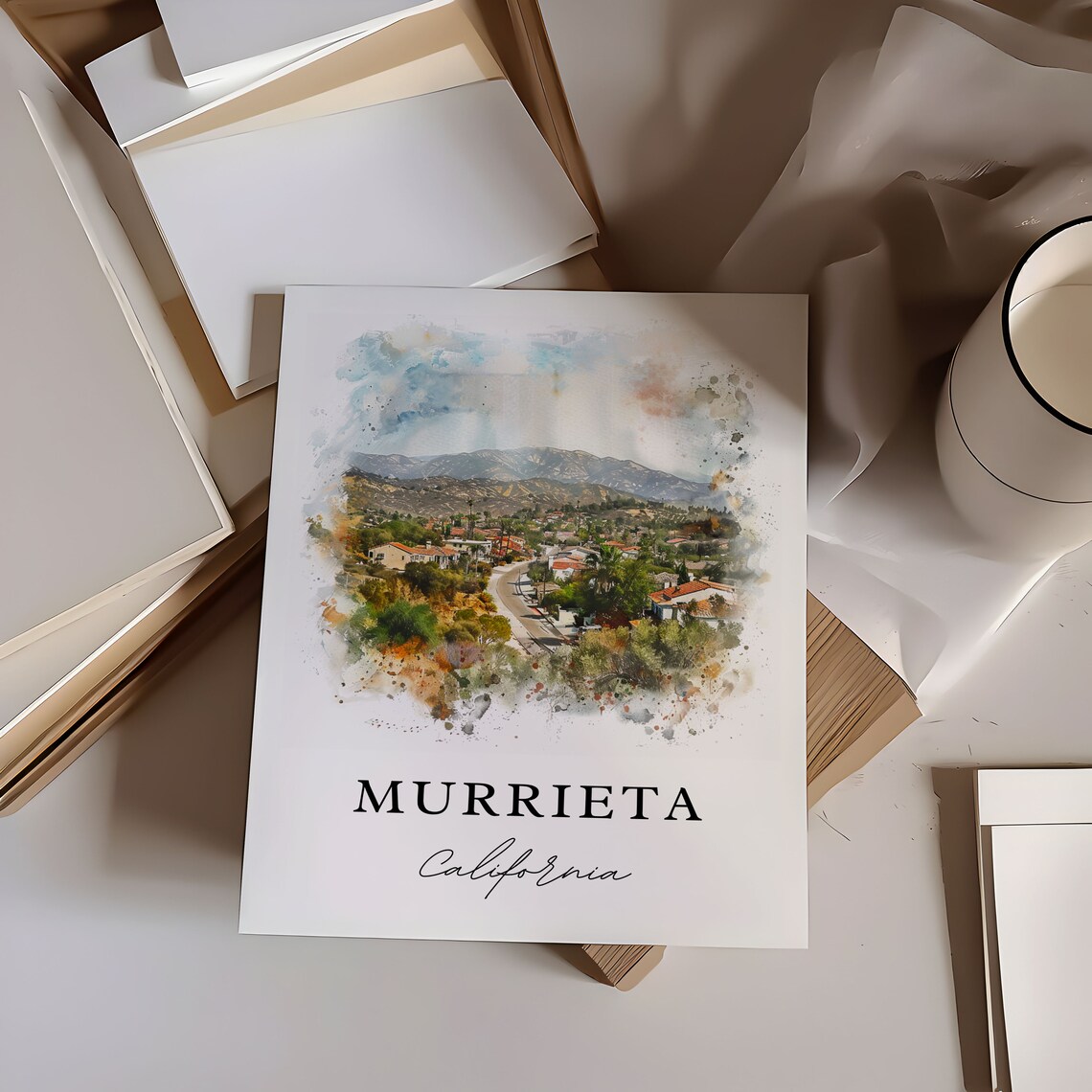 Murrieta California Watercolor Hillside Town Valley Scene Poster - Image 6
