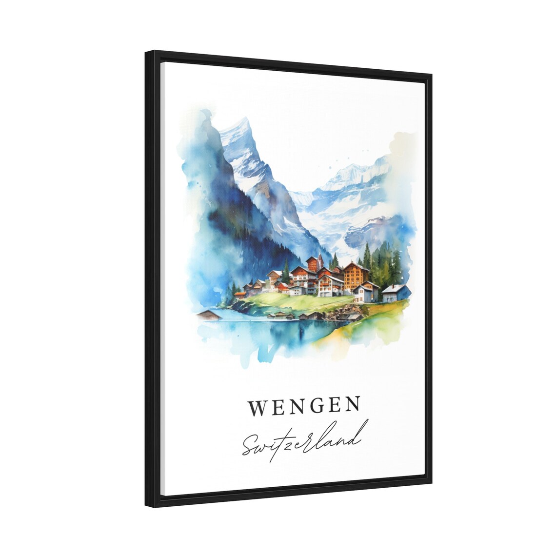Wengen Switzerland Watercolor Alpine Village Lake Snowy Peaks Poster - Image 2