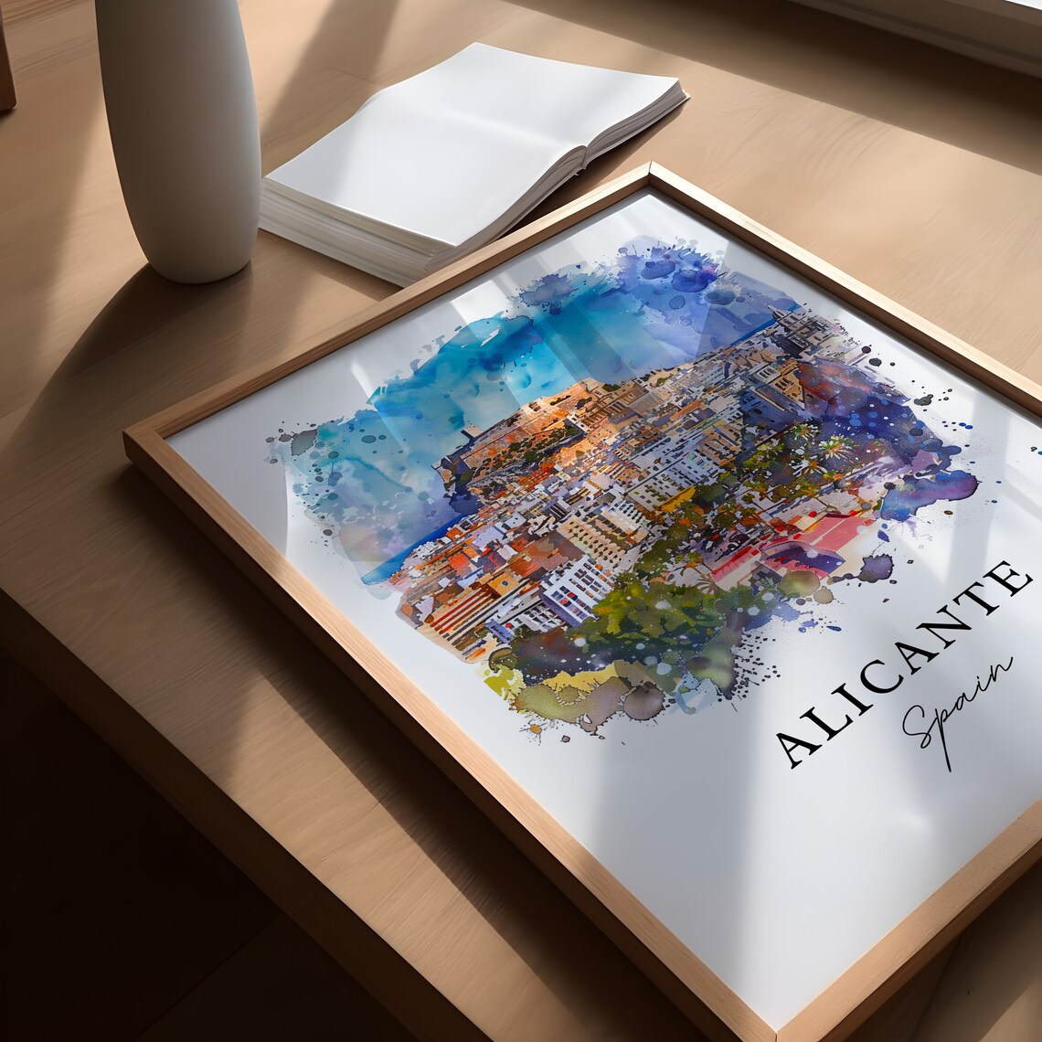 Alicante Spain Hilltop Castle City Panorama Watercolor Poster - Image 5