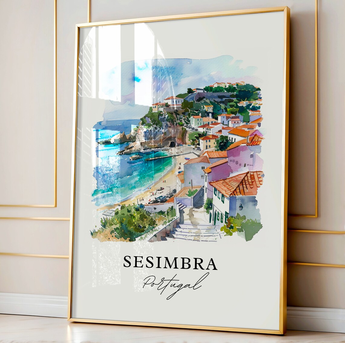 Sesimbra Portugal Coastal Beach Town Watercolor Cliffside Poster - Image 4