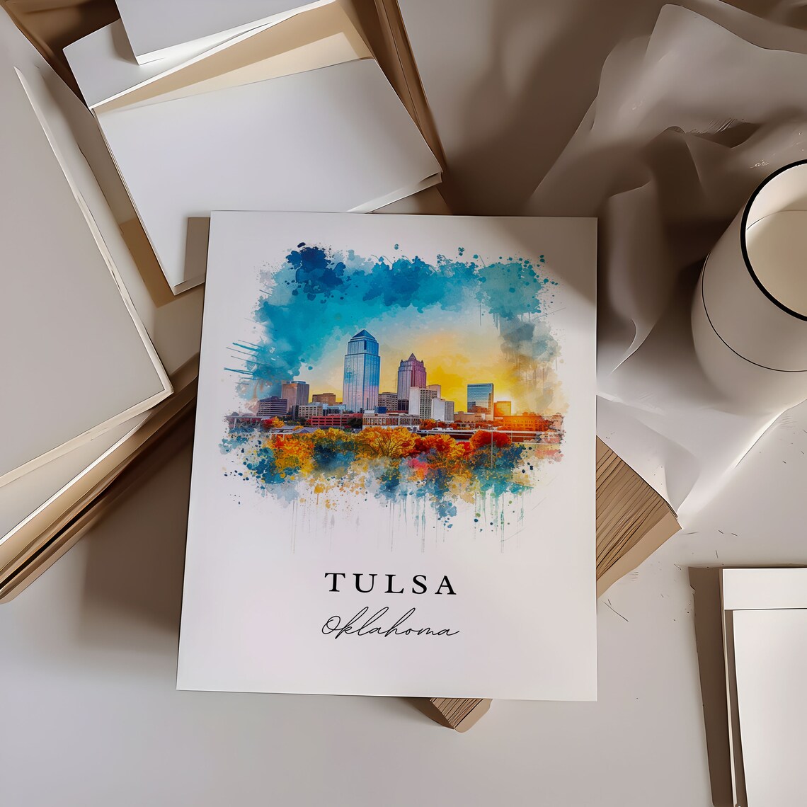 Tulsa Oklahoma Downtown Skyline Sunset Cityscape Watercolor Poster - Image 6