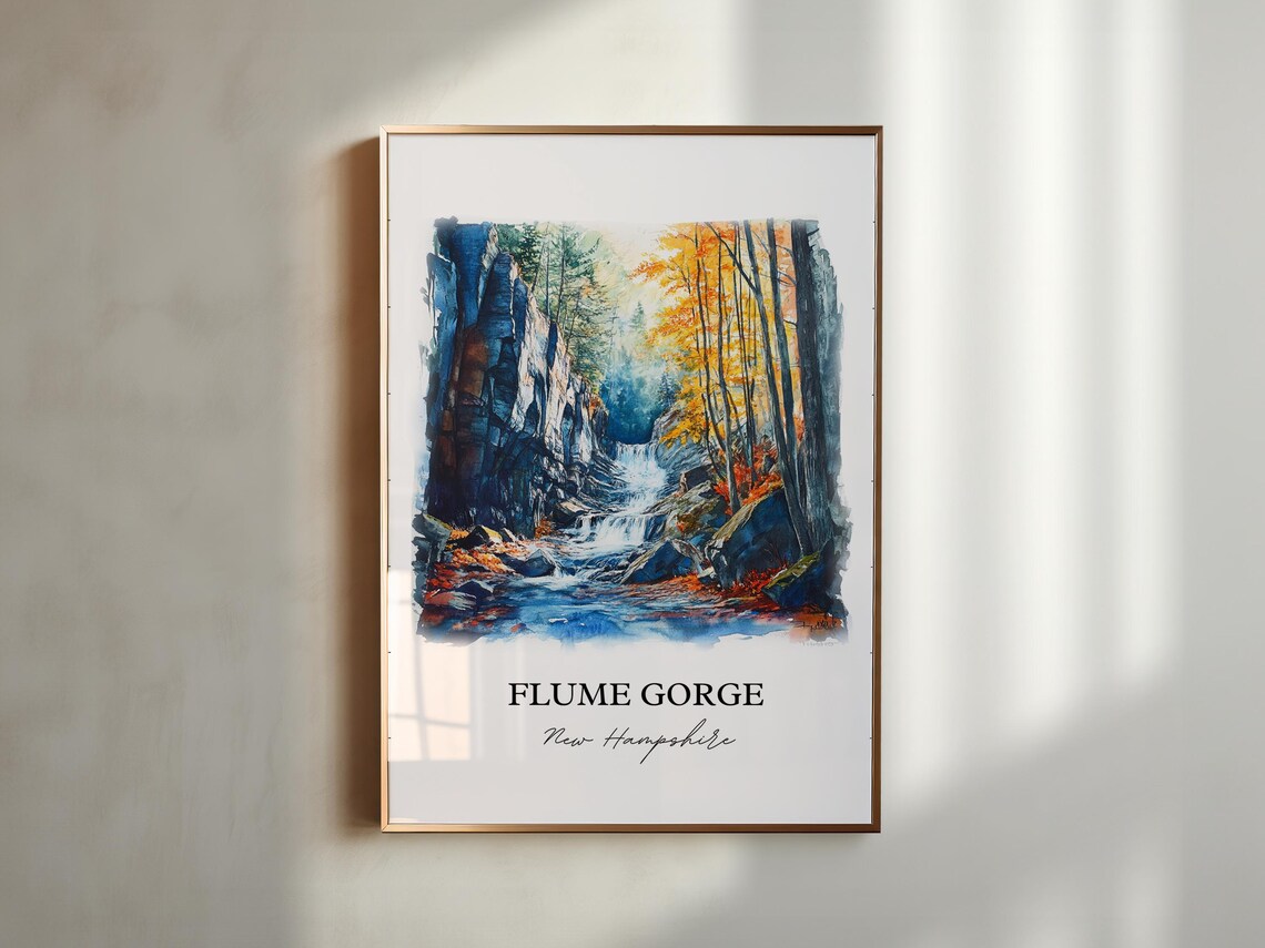 Flume Gorge New Hampshire Waterfall Autumn Watercolor Poster - Image 4