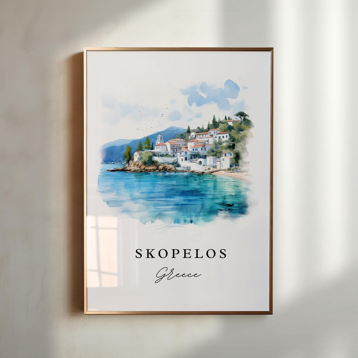 Skopelos Greece Aegean Island White Town Watercolor Travel Poster