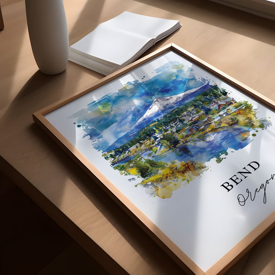 Bend Oregon Cascade Mountain River Town Watercolor Travel Poster - Image 5