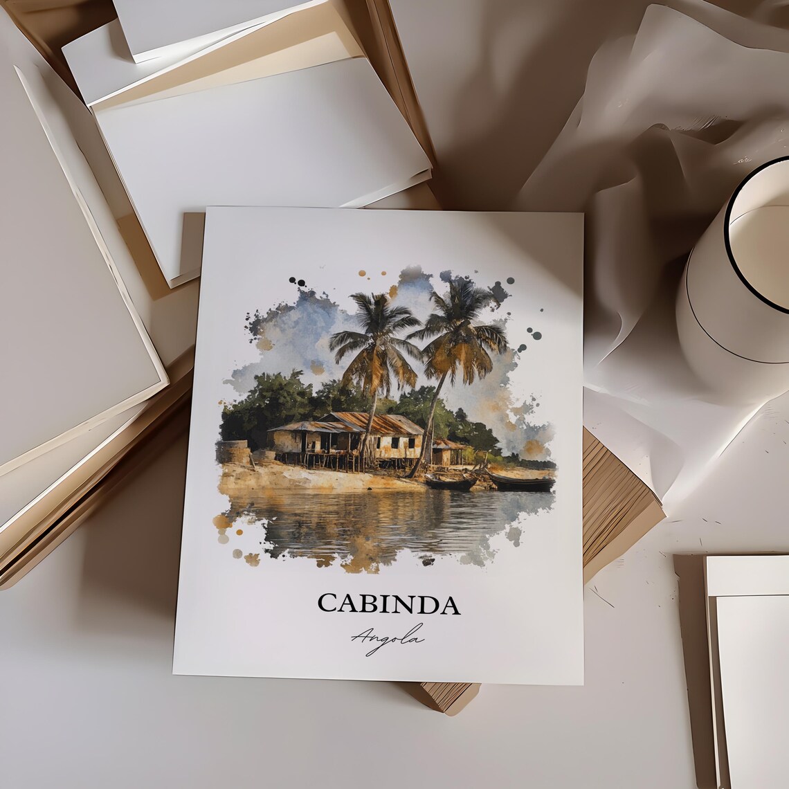 Cabinda Angola Watercolor Riverside Palm Trees Travel Art Poster - Image 3