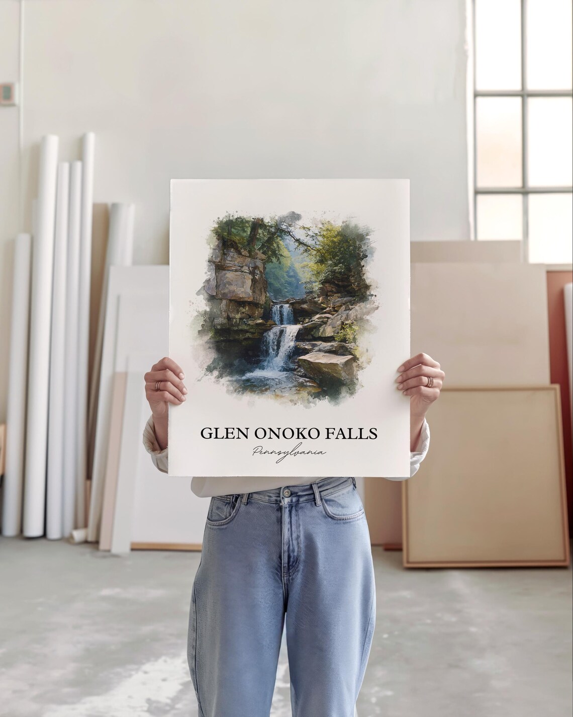 Glen Onoko Falls Pennsylvania Lehigh Gorge Cascade Watercolor Poster - Image 5