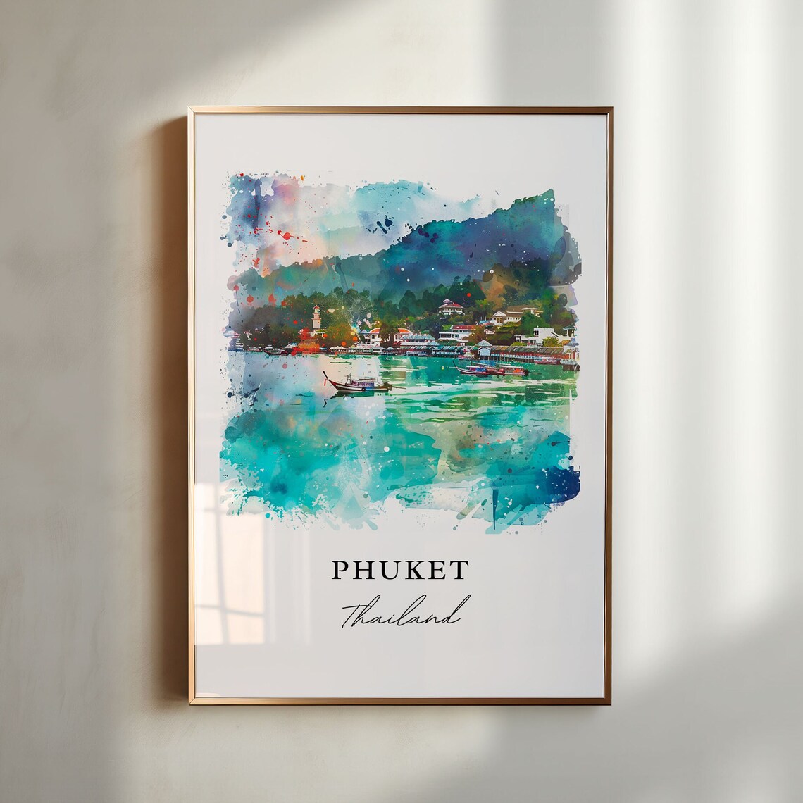 Phuket Thailand Watercolor Art Turquoise Bay Longtail Boats Poster