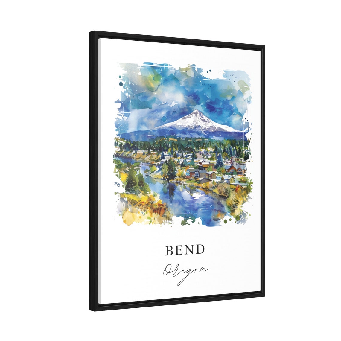 Bend Oregon Cascade Mountain River Town Watercolor Travel Poster - Image 2