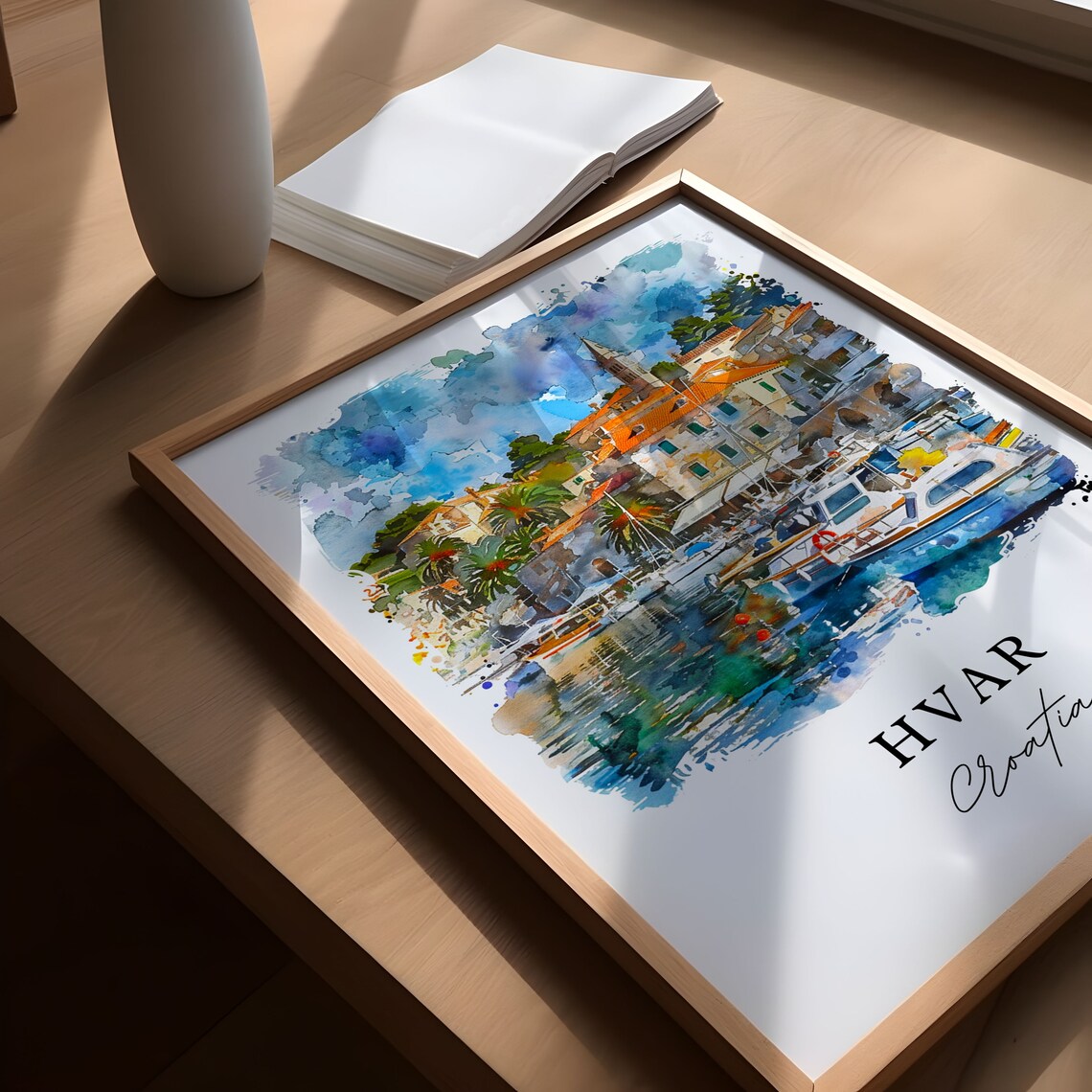 Hvar Croatia Marina Boats Watercolor Minimalist Travel Poster - Image 5