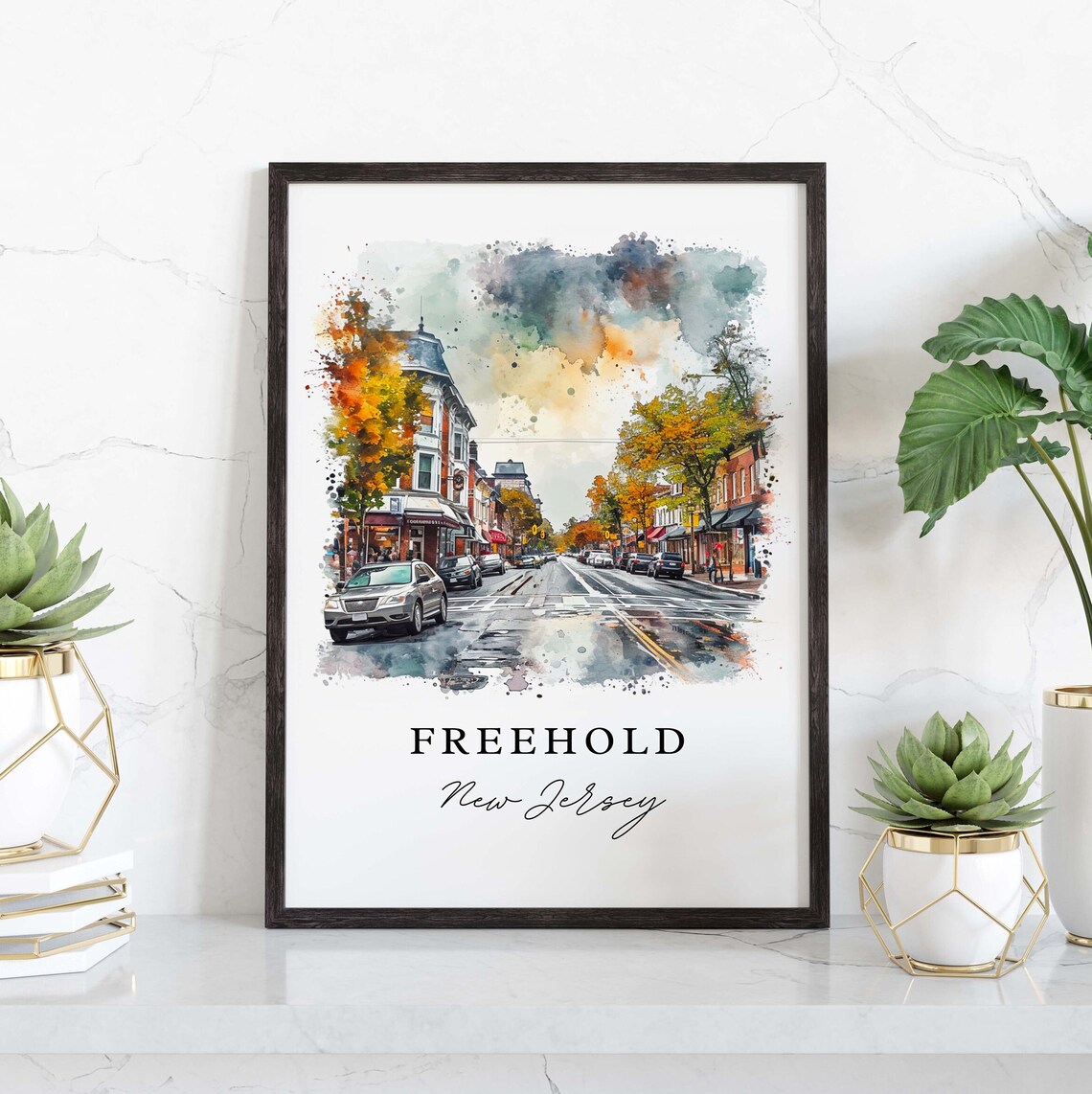 Freehold New Jersey Watercolor Rainy Downtown Street Scene Poster