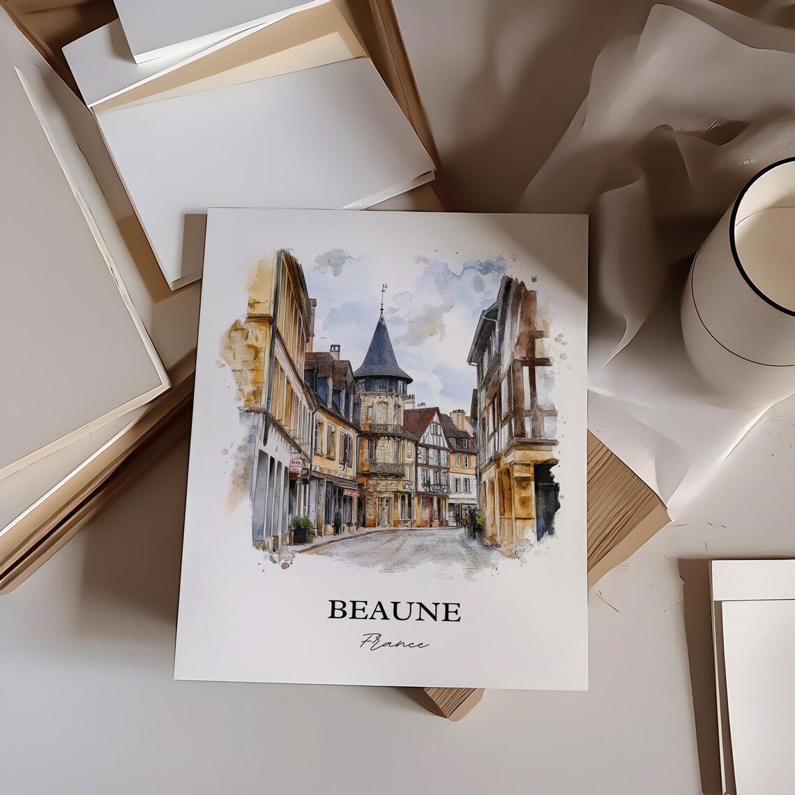 Beaune France Medieval Timber Street Watercolor Travel Poster - Image 4