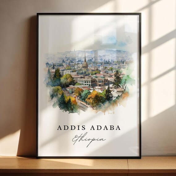 Addis Ababa Watercolor Travel Poster, Ethiopia