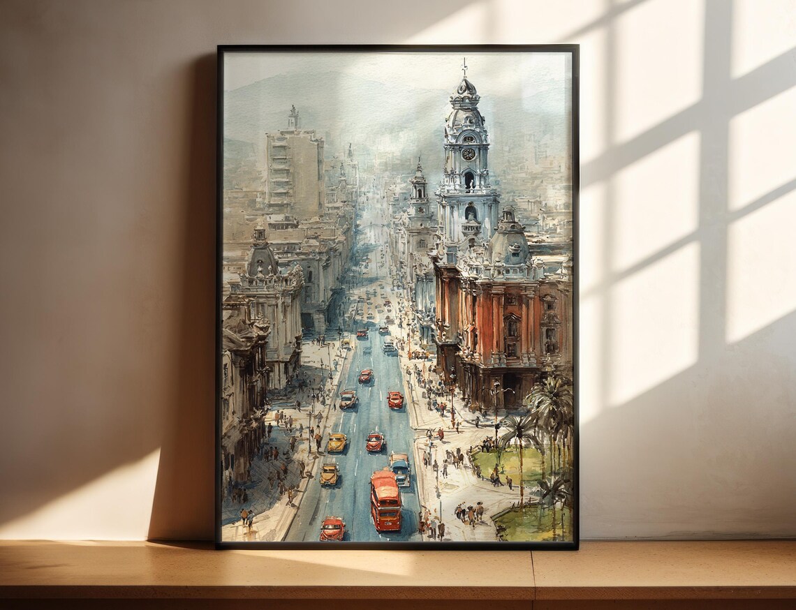 Lima Peru Watercolor City Street Colonial Architecture Travel Poster