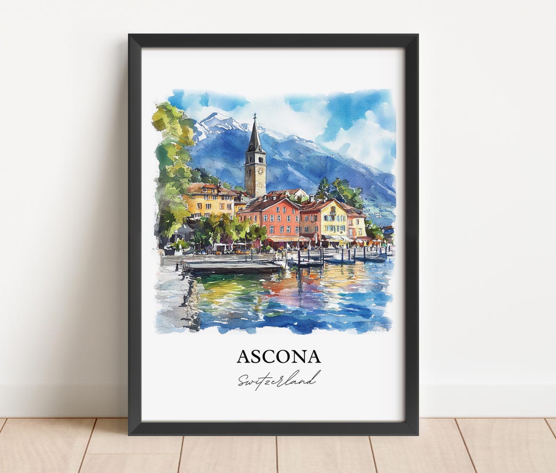 Ascona Switzerland Lakefront Bell Tower Watercolor Travel Poster - Image 2