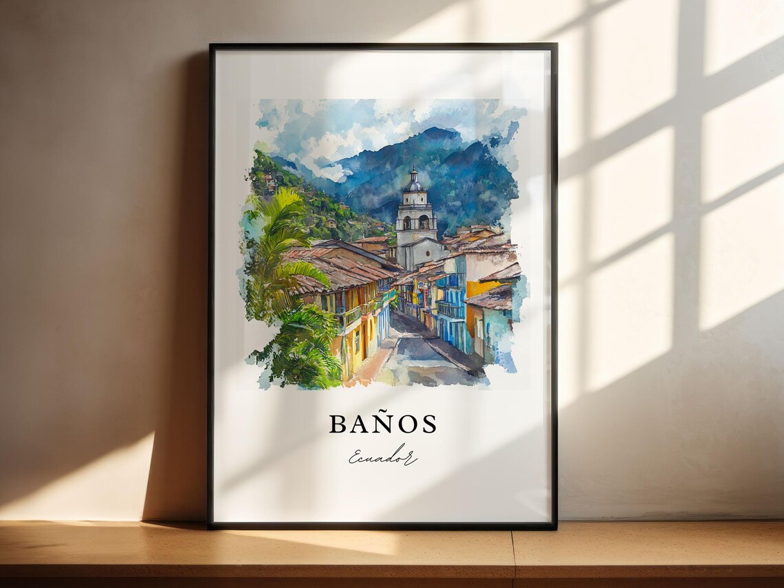 Baños Ecuador Watercolor Mountain Town Church Street Art Poster - Image 4