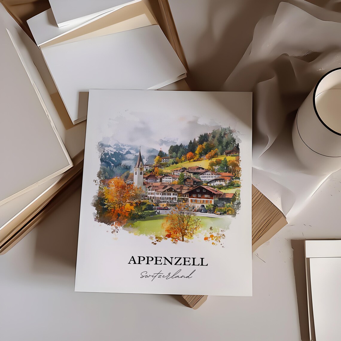 Appenzell Switzerland Autumn Hills Church Watercolor Village Poster - Image 5