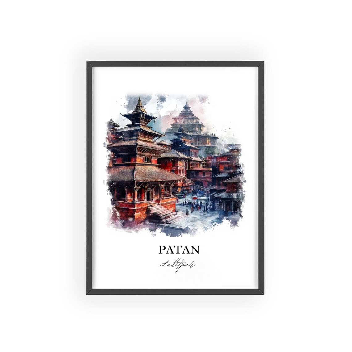 Patan Lalitpur Nepal Watercolor Pagoda Temples Travel Poster - Image 2