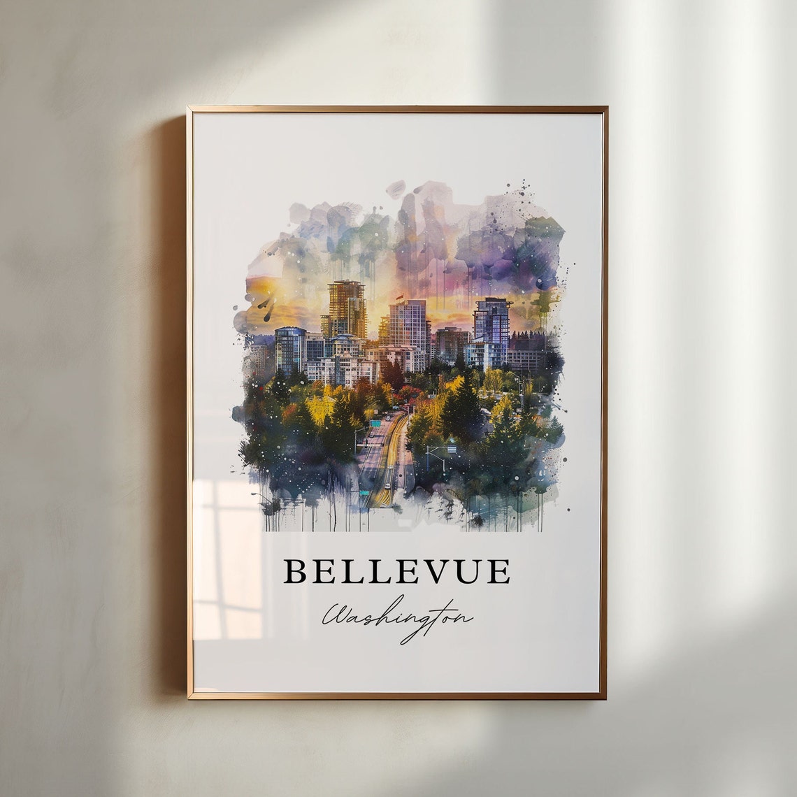 Bellevue Washington Watercolor Downtown Skyline Sunset Poster
