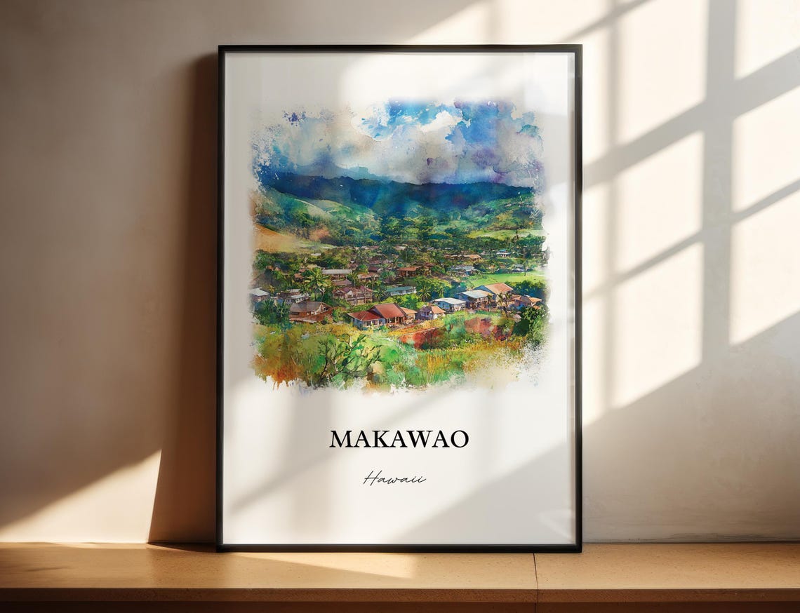 Makawao Hawaii Upcountry Maui Town Mountains Watercolor Poster - Image 2