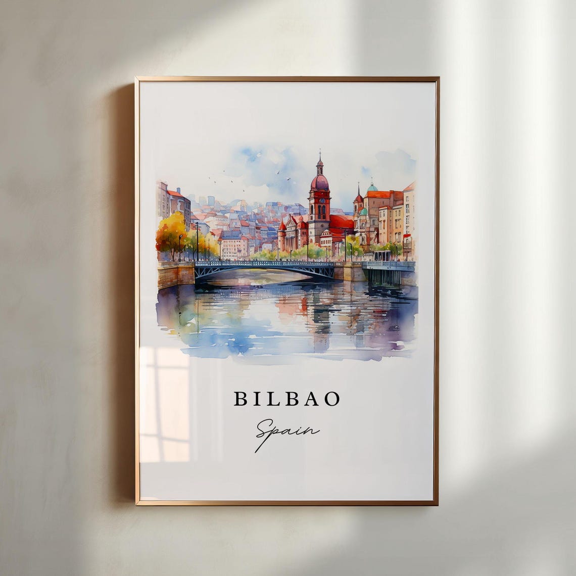 Bilbao Spain Historic River Bridge Old Town Watercolor Travel Poster