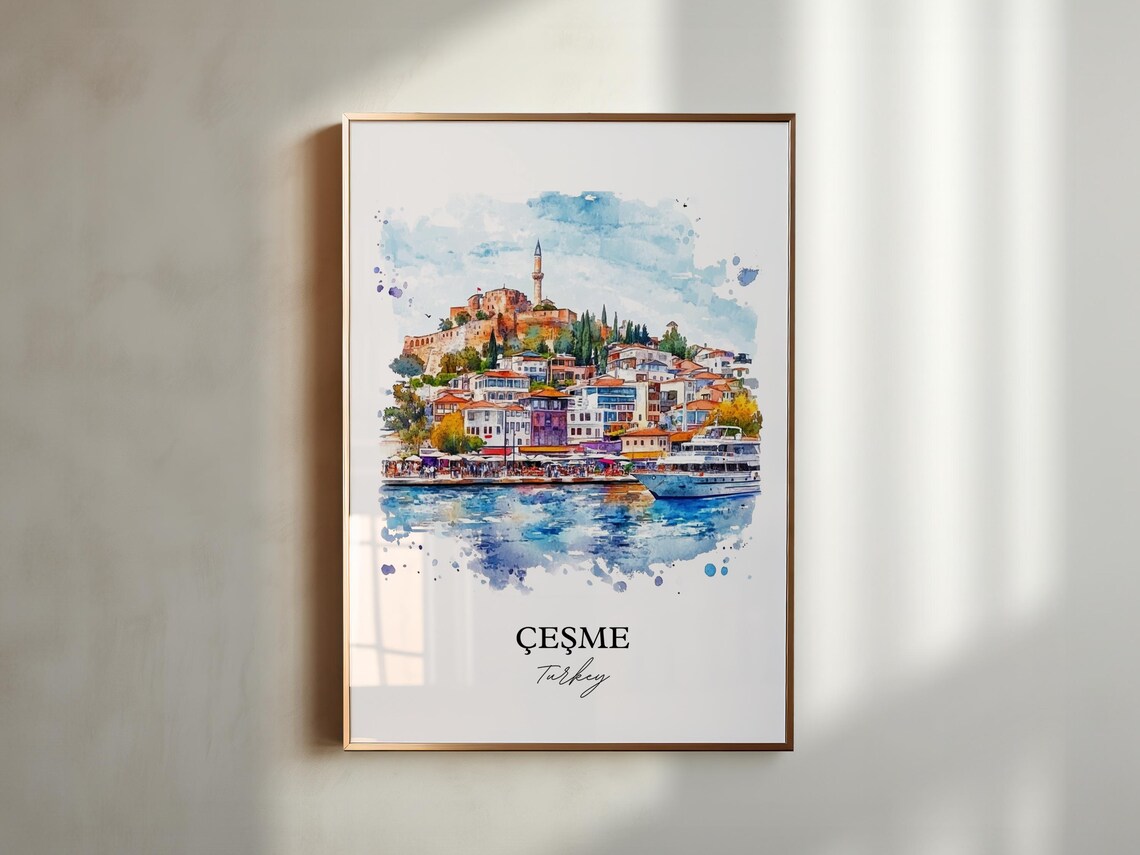 Cesme Turkey Watercolor Old Harbor Castle Coastal Travel Poster - Image 6