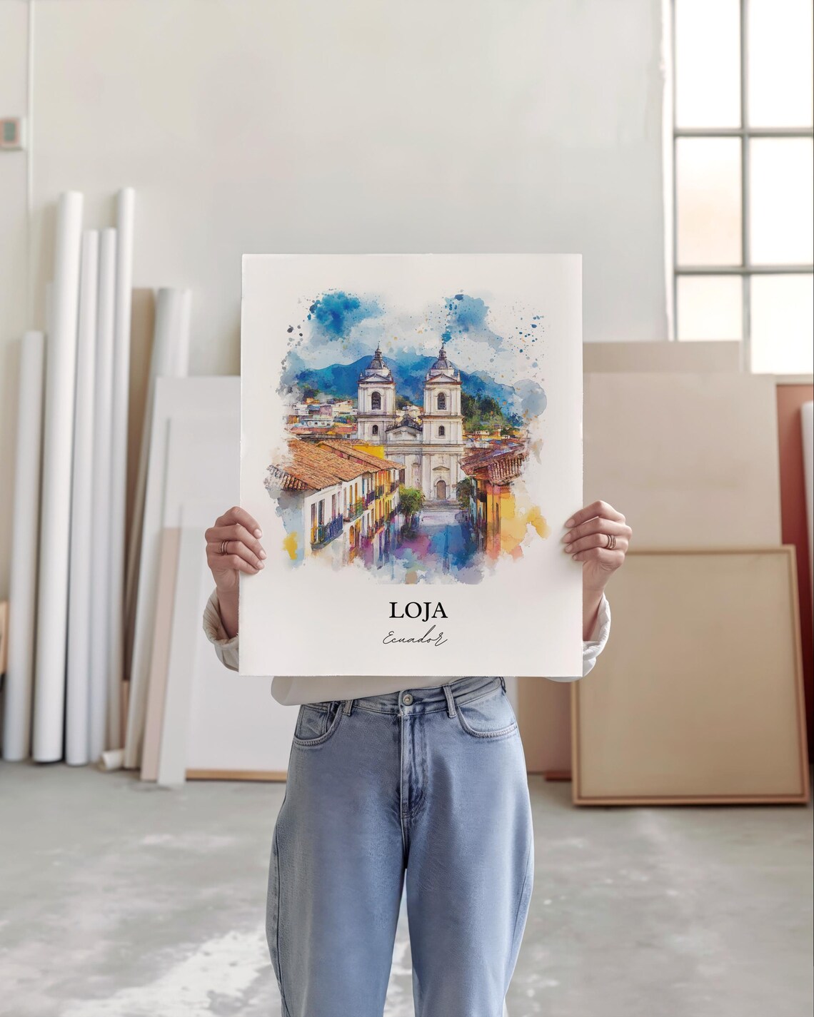 Loja Ecuador Watercolor Twin Tower Cathedral Colonial Street Poster - Image 3