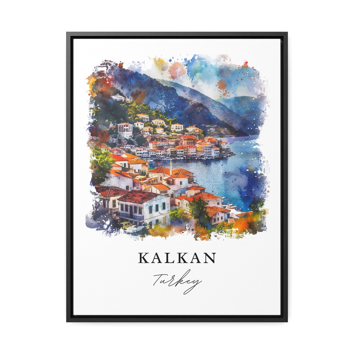 Kalkan Turkey Watercolor Coastal Village Blue Bay Travel Poster - Image 3