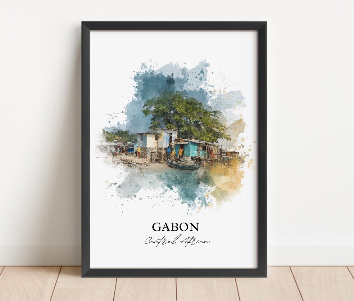 Gabon Central Africa Riverside Fishing Village Watercolor Poster - Image 2