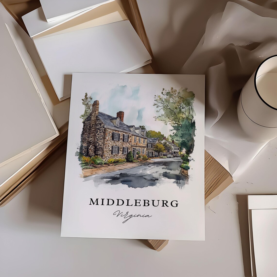 Middleburg Virginia Stone House Street Watercolor Travel Poster - Image 6
