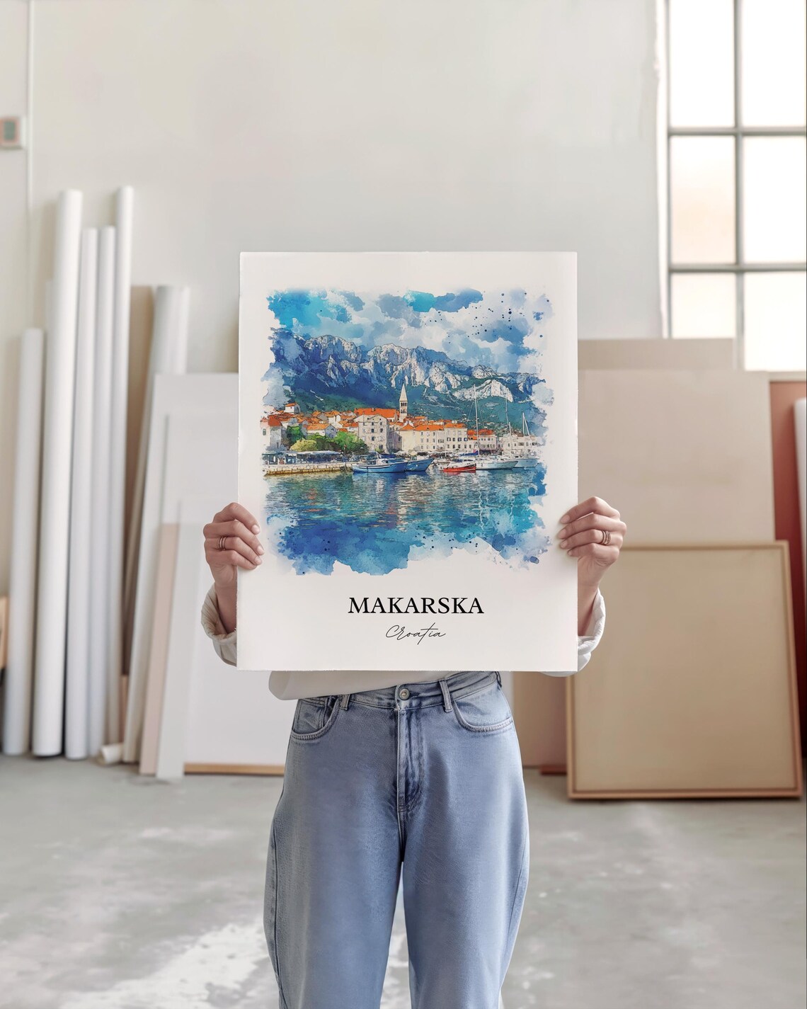 Makarska Croatia Harbor and Mountain Coastline Watercolor Poster - Image 5