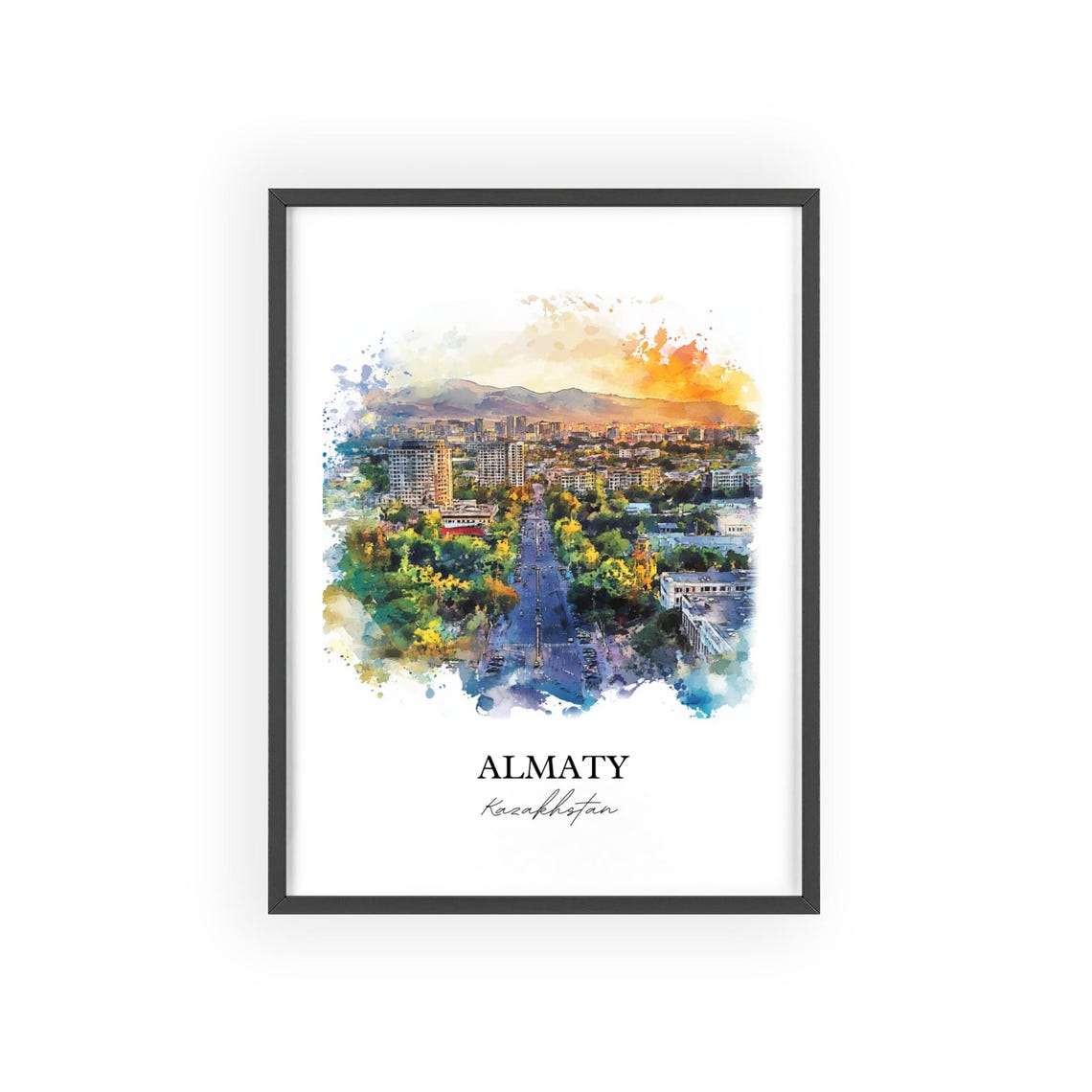 Almaty Kazakhstan Watercolor Green City Mountain View Travel Poster - Image 2