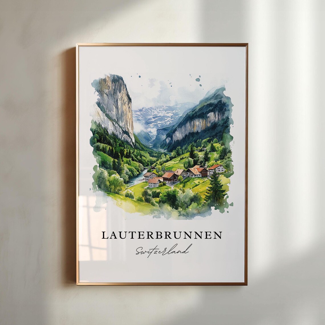Lauterbrunnen Switzerland Alpine Valley Watercolor Travel Poster