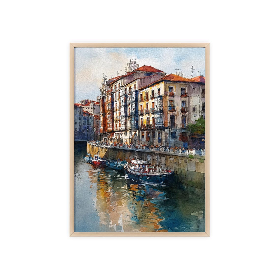 European Riverfront Watercolor Historic Buildings Boats Art Poster